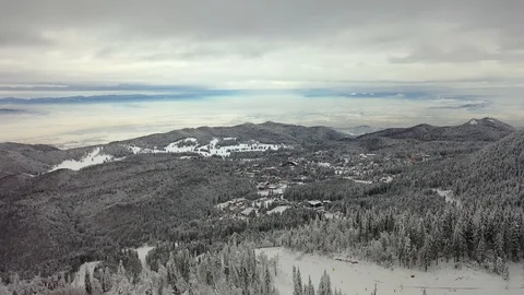 Flight over the spectacular ski slopes in the Carpathians mountains Video stock 104883462