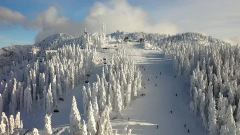 Flight over the spectacular ski slopes in the Carpathians mountains Video stock 104883514