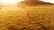 Flight Over Sport Man At Perfect Green Grass Meadow. Sunset In Mountain Stock Footage