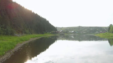 Flight over the spruce forest and over the Chusovaya river Stock Footage 113178483