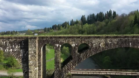 Flight over the stone bridge Stock Footage 171416117