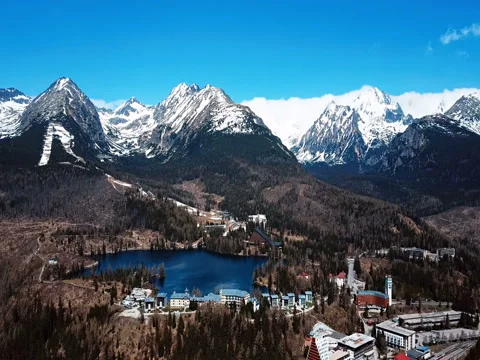 Flight over Strbske Pleso resort in High Tatras mountains, Slovakia Stock Footage 76571383