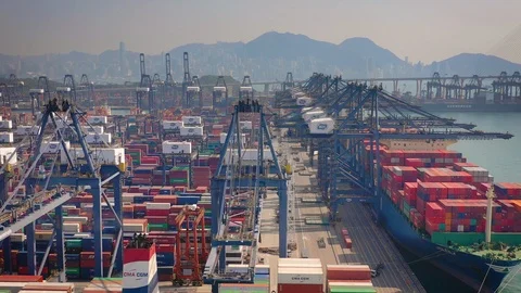 Flight over sunset sun light hong kong cityscape cargo port aerial panorama 4k Stock Footage 112793369