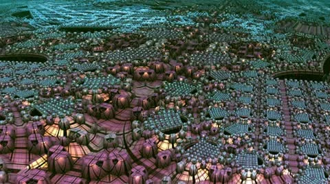 Flight over the surface of alien complex structures n1191B Stock Footage 12094485