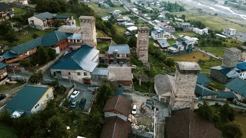 Flight over Svan Towers in Mestia, Svaneti region, Georgia Stock Footage 168306300