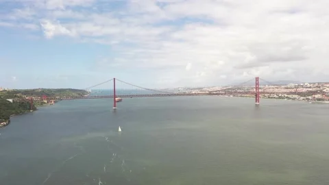 Flight over Tagus river and April 25 Bridge Stock Footage 308649421