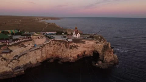 Flight over the temple chapel of St. Nicholas on Cape Tarkhankut on the Crimea. Stock-Footage 168888455