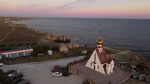 Flight over the temple chapel of St. Nicholas on Cape Tarkhankut on the Crimea. Stock-Footage 168899471