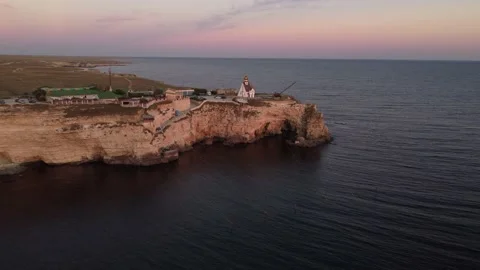 Flight over the temple chapel of St. Nicholas on Cape Tarkhankut on the Crimea. Stock-Footage 168899530