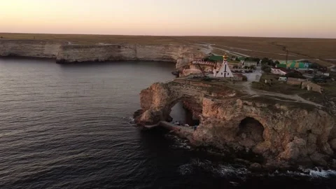 Flight over the temple chapel of St. Nicholas on Cape Tarkhankut on the Crimea. Stock-Footage 168900050