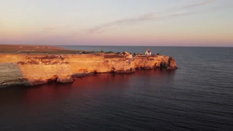 Flight over the temple chapel of St. Nicholas on Cape Tarkhankut on the Crimea. Stock-Footage 168900160