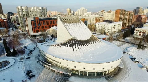 Flight over the theater in winter. flying over the city. architecture Stock Footage 60748332