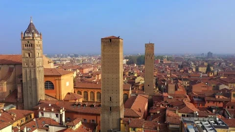 Flight over three towers, center of Bologna, Italy Stock Footage 201779372