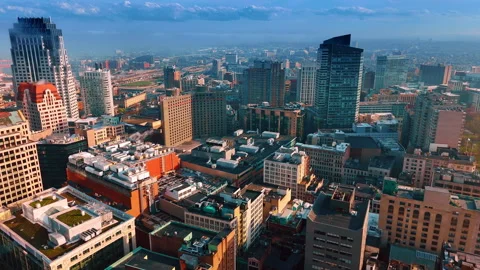 Flight over the tops of the diverse buildings of modern Boston, MA, USA. Stock Footage 308880906
