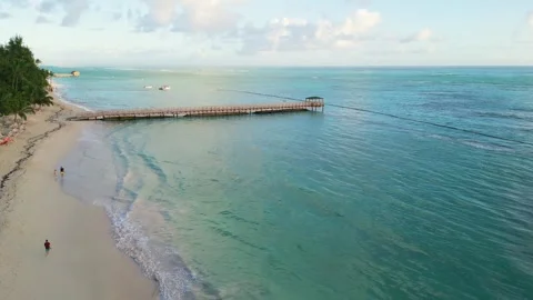 Flight over the tourist beach in Punta Cana at sunrise Stock Footage 305863703