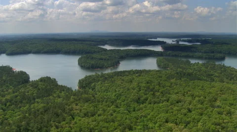 Flight over tree-covered islands of Lake Lanier, Georgia. Shot in 2007. Stock Footage 59542207