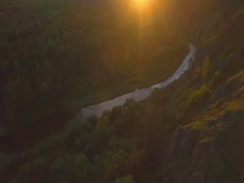 Flight over the trees and a river at sunset Stock Footage 80976199