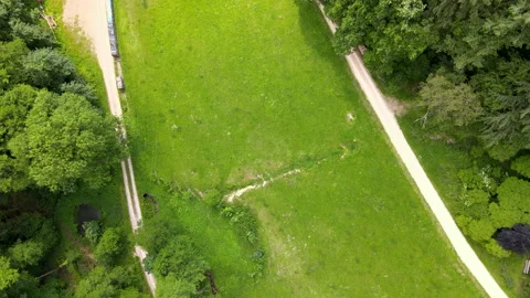 Flight over the treetops and meadows along a forest path with a drone Stock Footage 131588879