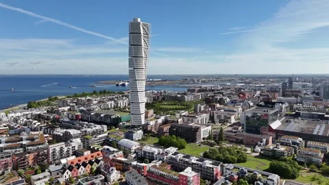 Flight over Vastra Hamnen district of Malmo, Sweden Stock Footage 336189029
