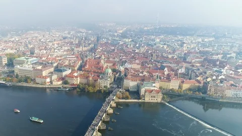 Flight over the vlatva river in Prague, panoramic view of Prague from the air Stock Footage 116093766