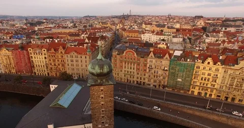 Flight Over Vltava River in Sunset Time Prague, Czech Republic Stock Footage 90258641