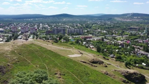 Flight over watchtower at top of Fox Mountain. Nizhny Tagil. Russia Stockbeeldmateriaal 155391294