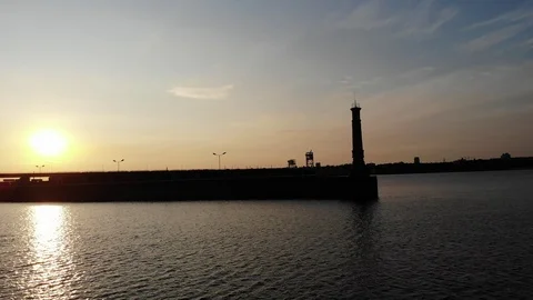 Flight over the water port, sunset over the sea in the port Stock Footage 118307320