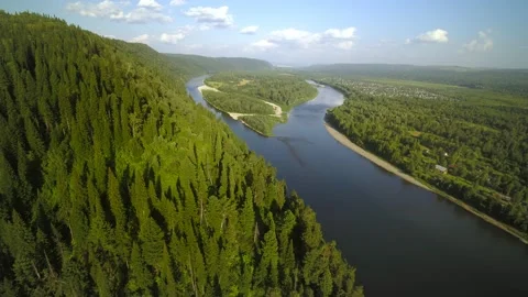 Flight over a wide river and woods Stock Footage 145294107