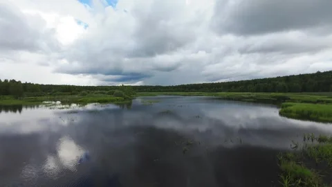 Flight over a wild lake deep in the forest, first person view, fpv Stock Footage 280851382