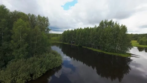 Flight over a wild lake deep in the forest, first person view, fpv Stock Footage 280851445