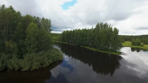Flight over a wild lake deep in the forest, first person view, fpv Stock Footage 280851454