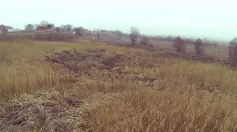 Flight over  winter field with house  in foggy day. Aerial. Stock Footage 35156689