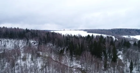 Flight over the winter forest and a lonely house Stock Footage 73690802