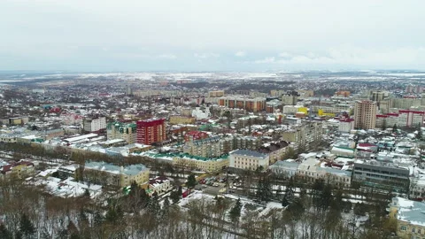 Flight over the winter town in the snow Video stock 153338528