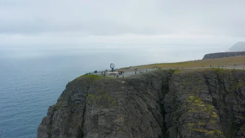 Flight over World Globe monument at North Cape Stock Footage 128449271