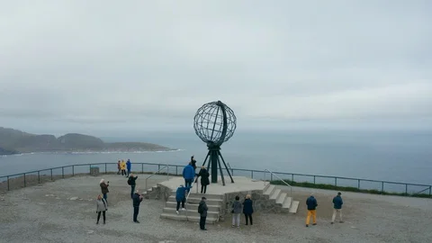Flight over World Globe monument at North Cape Stock Footage 128449430