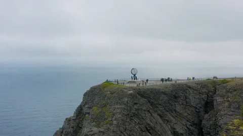 Flight over World Globe monument at North Cape Stock Footage 128449451