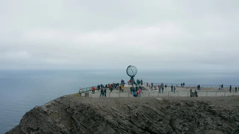 Flight over World Globe monument at North Cape Stock Footage 128449973