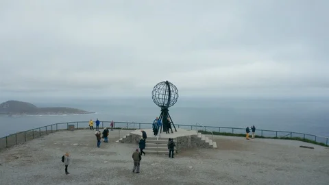 Flight over World Globe monument at North Cape Stock Footage 128449992