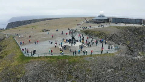 Flight over World Globe monument at North Cape Stock Footage 128450027