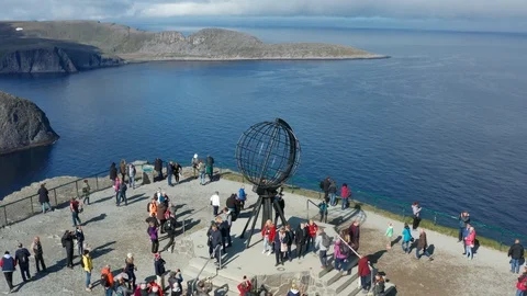 Flight over World Globe monument at North Cape Stock Footage 128450460