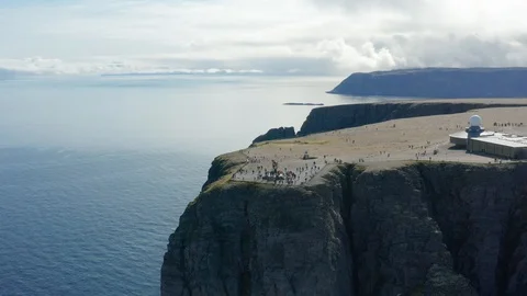 Flight over World Globe monument at North Cape Stock Footage 128450741