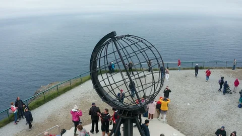 Flight over World Globe monument at North Cape Stock Footage 128450917