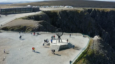 Flight over World Globe monument at North Cape Stock Footage 128451547