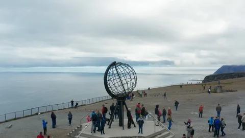 Flight over World Globe monument at North Cape Stock Footage 128451731