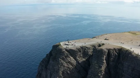 Flight over World Globe monument at North Cape Stock Footage 128452162