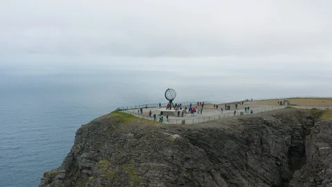 Flight over World Globe monument at North Cape Stock Footage 128510558