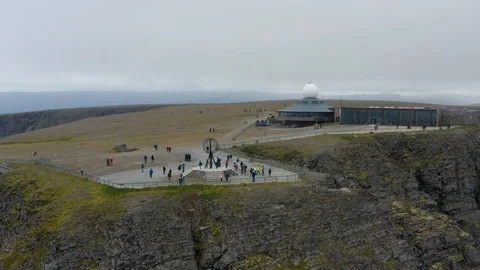 Flight over World Globe monument at North Cape Stock Footage 128510675