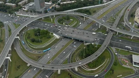 Flight overlooking the air over a multi-level transport interchange in Moscow Video stock 138327711