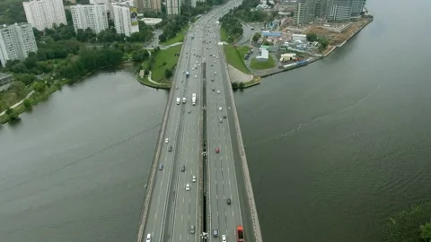 Flight overlooking the air over a multi-level transport interchange in Moscow Video stock 138327810